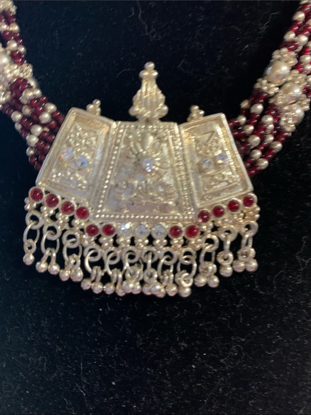 Silver-Tone Filigree Pendant Necklace with Red and Pearl Beaded Strands.